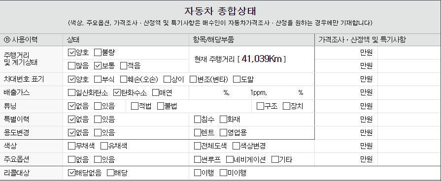 중고차 성능기록부(자동차 종합상태)