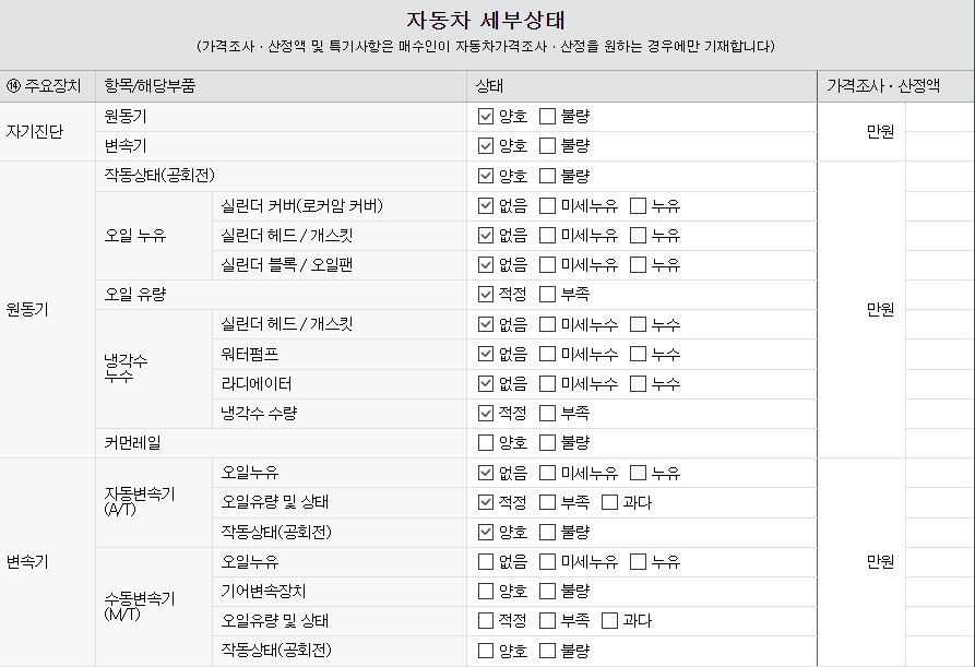 중고차 성능기록부( 자동차 세부 상태)